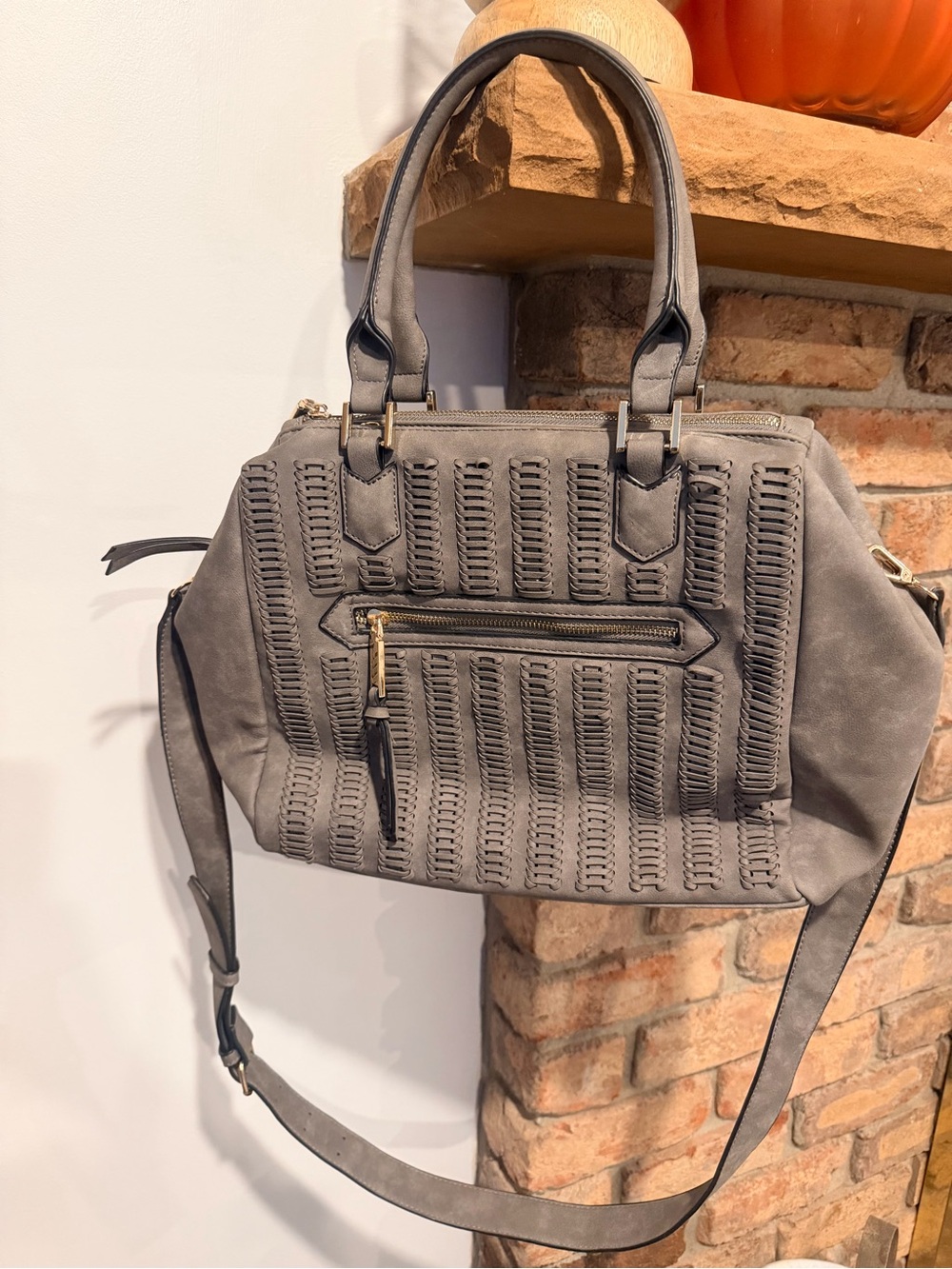 Free People Gray Woven-Detail Satchel with Crossbody Strap (call out)